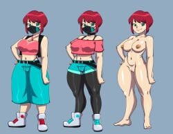 darkeros13 tsuki_(marisfaraway) red_hair green_eyes mask glasses reference_sheet character_sheet female skater_shorts thong_straps shorts leggings sneakers choker nipples vagina asian thick_thighs pink_shirt vest bra_strap booty_shorts variant belt