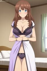 digitalwaifugallery ai_generated patreon seductive sexy uncensored watermark hi_res high_quality high_resolution miharu_sena_kanaka girls_bravo 1girl breasts underwear jewelry brown_hair solo panties bra blue_eyes indoors necklace large_breasts earrings smile looking_at_viewer navel bracelet bed long_hair blush cleavage open_dress curtains dress standing pillow window ass_visible_through_thighs closed_mouth collarbone short_sleeves cowboy_shot bedroom undressing bow_bra twitter_username purple_bra bow_panties black_bra thigh_gap bow