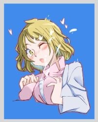 1boy 1girl atlus blonde_hair breasts breasts_squeezed_together coat commentary_request cropped cropped_torso cum devil_survivor_(series) devil_survivor_2 doctor female megami_tensei one_eye_closed onnaski paizuri smile white_coat yanagiya_otome yellow_eyes