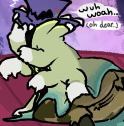 2_fingers 6_arms anthro anthro_only ass ass_out big_blue_bubble black_text blush blush_lines blushing brown_body brown_fur butt dialogue english_text eyes_in_shadow female female_only fluffy_body foot_out_of_frame genitals green_body green_coat green_eyes jagged_mouth living_clothes living_hat monster monster_girl my_singing_monsters nakeilyar no_humans non-human non-human_only open_mouth outdoors presenting presenting_hindquarters presenting_vulva purple_background purple_hat red_blush red_floor scallyrags screenshot_background short_tail speech_bubble stitched_mouth striped_fur stripes surprised tagme tail teal_markings teratophilia unusual_anatomy vulva wet wet_pussy