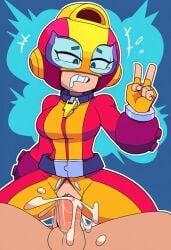 ai_generated big_breasts brawl_stars cum cum_in_pussy max_(brawl_stars) noir_genesis reverse_cowgirl_position ripped_clothing superheroine thick_thighs torn_clothes