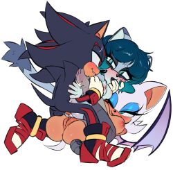 1boy 2girls 2girls1boy anus_peek areolae bat_ears bat_wings black_fur chest_tuft ffm_threesome fingers_in_mouth gradient_hair green_eyes lidded_eyes lipstick one_eye_closed pinklilim pussy_juice pussy_juice_leaking red_eyes rouge_the_bat sandwiched scissoring shadow_the_hedgehog sonic_(series) sonic_oc sonic_the_hedgehog_(series) thigh_highs_only thighhighs tribadism tribadism_on_penis vaginal_penetration white_background
