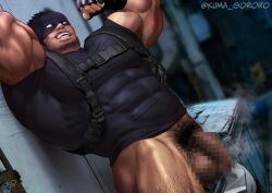 1boy armpit_hair bara beard_stubble blurry blurry_background blush boku_no_hero_academia censored chest_harness clothes_pull commentary_request covered_abs covered_pectorals dutch_angle facial_hair flaccid flexing harness highres knuckleduster_(boku_no_hero_academia) kuma_gororo leg_hair male_focus male_pubic_hair mask masked mosaic_censoring muscular muscular_arms muscular_male mustache_stubble outdoors paid_reward_available pants pants_pull pectorals penis pubic_hair solo stubble teeth testicles twitter_username variant_set vigilante_-boku_no_hero_academia:_illegals-