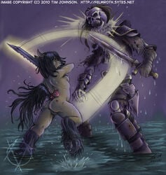 2010 action ass attack background ass combat crotch_shot equine fantasy female fighting hooves horse lynsharri nipples nude pencils pony pussy size_difference skeleton stasisdelirium sword tail_bow weapon