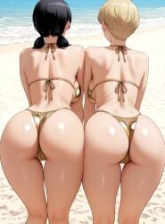 ai_generated mayihavesomeslops from_behind gold_bikini ass ass_focus beach thick_thighs looking_ahead facing_away 2girls yuko_(chainsaw_man) mitaka_asa pixie_cut low_twintails