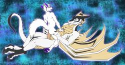 anal anal_sex anthro blush breasts canine cowgirl_position dragon female fox fur furry horns kcravenyote male nude on_back penetration penis scalie sex sideboob size_difference straight wings