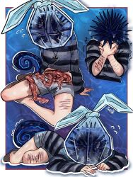 1boy bag barefoot bleeding blood cuts cyril_1214 full_body guro hand_on_own_neck highres hole_in_stomach injury intestines male_focus motion_lines multiple_views object_head original self-harm shirt shorts strangling_self striped_clothes striped_shirt tail tentacles thigh_cutting wrist_cutting