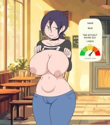 reze_(chainsaw_man) showing_breasts huge_breasts short_hair green_eyes thick_thighs thick_ass half_naked half_body pewnyart cortisol_(meme) coffee_shop flashing_breasts chainsaw_man
