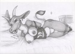 2_horns antelope anthro areola arms_tied artist_logo athletic athletic_anthro athletic_female barbell_piercing bdsm bed bondage bottomless bottomless_anthro bottomless_female bound bovid breasts cloth_gag clothed clothing curvy_figure ear_piercing ear_ring eyebrows eyelashes female fully_bound furniture gag gagged genitals graphite_(artwork) hands_behind_back horn improvised_gag legs_tied logo looking_at_viewer lying lying_on_bed mammal medium_breasts monochrome motion_lines muffled navel nipple_piercing nipples on_bed on_side open_mouth partially_clothed partially_clothed_anthro partially_clothed_female piercing pillow restrained restraints ring_piercing rope rope_bondage rope_harness solo spiritalpha submissive submissive_anthro submissive_female tail thick_thighs traditional_media_(artwork) vulva