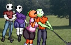 egg chetoh white_body black_eyes original original_character original_characters oc claire_(chetoh) mandy_(chetoh) eggmale craig_(chetoh) 2girls2boys chubby chubby_female female male bald bald_male bald_female looking_at_another looking_at_partner looking_up_at_partner shirt pants clothed clothed_female clothed_male dad_bod shoes embarrassed embarassed_male golf_club golf golf_course photo_background orange orange_body leaf leaf_hair outside wholesome wholesome_couple couple green_skin :3 smiling