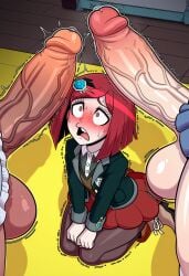 1girls 2futas ai_generated big_penis chabashira_tenko clothing danganronpa danganronpa_v3 dark-skinned_futa faceless_futa female futanari huge_cock imminent_rape imminent_sex tagme yonaga_angie yumeno_himiko