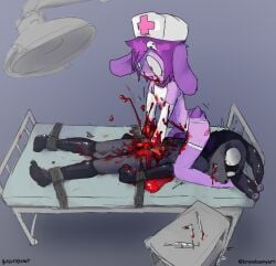 anthro anthro_on_anthro bat bed bodily_fluids bound bravo_(bravobunny) bravobunny clothed clothed_male clothing collar crossdressing death duo femboy furniture gore guts hair hat headgear headwear hi_res intestines lagomorph leporid male male/male mammal nurse_clothing nurse_hat nurse_headwear on_bed open_mouth open_smile organs pink_collar purple_hair rabbit smile tears