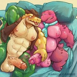 abs accessory alligator alligatorid anthro balls barazoku bed big_balls blue_necktie blush bodily_fluids clothed clothing crocodilian crossover duo erection food food_creature foreskin furniture galrock gameoverse genital_fluids genitals glitch_productions gobbles_(gameoverse) green_body gummigoo_(tadc) handjob hi_res humanoid_genitalia leaking_precum lying lying_on_bed male male_only masturbation multicolored_body muscular muscular_male necktie neckwear_only nipples no_irises nude on_bed one_eye_closed open_clothing open_topwear open_vest partially_clothed partially_clothed_anthro partially_clothed_male partially_retracted_foreskin pecs penile penis pink_body pink_scales precum reptile scales scalie sex tail tan_body the_amazing_digital_circus tongue topwear vest yaoi yellow_body