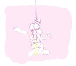 anthro bdsm bodily_fluids bravobunny clothed clothed_male clothing disembodied_penis eyes_closed genital_fluids genitals hanged hi_res male male/male mammal mouse murid murine peeing peeing_on_another penis pink_background pink_theme restraints rodent simple_background solo straitjacket upside_down urine watersports