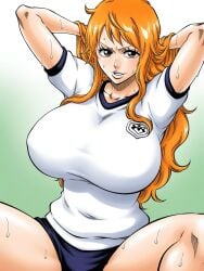 1girls ai_generated big_breasts curvy curvy_body curvy_female curvy_figure female female_only gym gym_uniform huge_breasts large_breasts light-skinned_female light_skin looking_at_viewer mature_female nami_(one_piece) one_piece orange_eyes orange_hair shao145 shiny_skin solo solo_female sweat sweaty tite_kubo_style