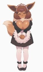1girls ai_edit anthro big_breasts breasts brown_fur bursting_breasts creatures_inc. eevee furry grok_edit huge_breasts maid nintendo pink_erie pokemon pokemon_rgby smile smiling solo solo_female