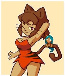 2girls accurate_art_style anthro arm_behind_head armpit armpits blue_hair breasts brown_hair cat_ears cat_tail chest_fur chest_tuft claws cookie_run cosplay crossover curvy curvy_figure dress facepaint feline female female_only flower flower_in_hair fur gameoverse kit_(gameoverse) kit_bodega long_hair looking_at_viewer one_eye_closed red_eyes sitting sitting_on_tail size_difference smile soff_doll tagme tail thick_thighs tiger_lily_cookie whiskers wink