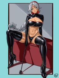 1girl bdsm bindi black_gloves bondage bondage_outfit bound breasts commentary crop_top dark-skinned_female dark_skin dominatrix earrings eiyuu_densetsu english_commentary facial_mark forehead_mark gloves gold_hoop_earrings grey_hair highres hoop_earrings jewelry large_breasts latex looking_at_viewer red_trim riding_crop scherazard_harvey sen_no_kiseki sen_no_kiseki_(series) sen_no_kiseki_iv sitting smile sora_no_kiseki thick_thighs thighhighs thighs trails_in_the_sky underwear waifuviolenta