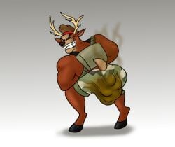 2024 accessory anthro antlers backpack bambo barefoot big_butt black_eyebrows black_hooves black_nose bottomwear brown_body brown_fur brown_hair butt clenched_teeth clothed clothing colored deer deer_avenger digital_drawing_(artwork) digital_media_(artwork) digitigrade ears_outwards eyebrows feces feet fur glance gradient_background green_bottomwear green_clothing green_shorts grin grinning_at_viewer hair headband hi_res hooves horn looking_aside looking_aside_at_viewer looking_at_viewer looking_back looking_back_at_viewer male mammal mischievous mischievous_smile multicolored_body multicolored_fur muscular muscular_anthro muscular_male open_mouth open_smile pinup pivoted_ears pooping pose potty_failure rear_view red_headband scat scut_tail serafim6394 shaded shadow short_tail shorts simple_background smelly smile smiling_at_viewer smirk smirking_at_viewer soiling soiling_bottomwear soiling_shorts solo standing stink_fumes stink_lines tail tan_body tan_fur teeth toothy_grin topless topless_anthro topless_male two_tone_body two_tone_fur two_tone_tail white_sclera