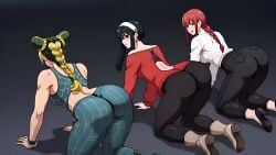 jolyne_kujo jolyne_cujoh yor_forger yor_briar makima_(chainsaw_man) jojo's_bizarre_adventure stone_ocean spy_x_family chainsaw_man jabbaman58 crossover ai_generated women_only braided_ponytail black_hair red_hair booty big_ass big_booty back_view backside on_all_fours ponytail boots heels black_pants red_eyes voluptuous