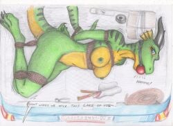2_horns 4_toes adhara anthro areola arms_tied artist_logo athletic athletic_anthro athletic_female ball_gag bdsm big_breasts black_stripes blindfold blue_eyes bondage bound box breasts butt car car_trunk claws colored_pencil_(artwork) container curvy_figure dialogue dragon duct_tape eyelashes feet female fully_bound gag gagged graphite_(artwork) green_body green_nipples green_scales green_tail hands_behind_back hands_tied hogtied horn knife legs_tied logo looking_at_viewer lying markings motion_lines muffled multicolored_body multicolored_scales mythological_creature mythological_scalie mythology navel nipples nude nude_anthro nude_female offscreen_character on_side open_mouth open_mouth_gag restrained restraints rope rope_bondage rope_harness scales scalie solo speech_bubble spiritalpha striped_body striped_markings striped_scales striped_tail stripes submissive submissive_anthro submissive_female tail tail_bondage tail_markings tail_tied tape text thick_thighs toe_claws toes traditional_media_(artwork) vehicle wingless_dragon yellow_body yellow_breasts yellow_scales yellow_tail
