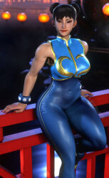 1girl 1girls 3d against_railing alternate_costume artist_name asian black_hair blue_bodysuit blue_vest blurry_background bodysuit bracelet breasts brown_eyes chun-li covered_navel cropped_vest double_bun double_vertical_stripe eyeliner eyeshadow female hair_bun jewelry lantern large_breasts lips looking_at_viewer makeup medium_breasts nose paper_lantern railing red_lips red_nails screenshot screenshotboy96 short_hair sitting skin_tight sleeveless smile solo spiked_bracelet street_fighter street_fighter_6 studded_bracelet thick_thighs thighs toned unitard vest web_address