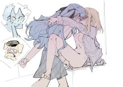 2girls absurdres animalization bang_dream! bang_dream!_it's_mygo!!!!! black_ribbon blonde_hair blue_hair blush breasts cat commentary dog female female_only fingering grey_skirt hair_ribbon highres kira_reader long_hair medium_breasts medium_hair misumi_uika multiple_girls nipples open_clothes open_mouth open_shirt purple_eyes ribbon shirt simple_background skirt togawa_sakiko white_background white_shirt yuri