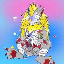 anal anal_penetration argon_vile balls bandai_namco chair_position cyanosis digimon digimon_(species) duo erection evolutionary_family filmon from_behind_position genitals herissmon hi_res male male/male pained_expression penetration penis sex size_difference