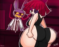mr_zr0 ragatha_(the_amazing_digital_circus) jax_(the_amazing_digital_circus) the_amazing_digital_circus doll big_breasts big_ass ass_cleavage sideboob x_over_eye thick_thighs wide_hips curvy curvy_female busty busty_female suit_and_tie black_dress 1girl 1boy purple_body rabbit_ears booty thick_ass skinny_male