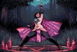 1girls ai_generated alastrine_(paigen) arm_tattoo armor armored_female black_hair black_lips breastplate breasts candle cape chains choker cloak cloth clothed clothes clothing collar cultist elbow_gloves female fingerless_gloves freckles gloves glowing_eyes horror horror_(theme) medium_breasts medium_hair original paigen pants pixel_art pubic_tattoo quilt red_sclera ritual ritual_circle runes shoes shoulder_armor stomach_tattoo tattoo white_eyes