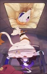 absurd_res anal anus clothing deep_rimming duo ellael facesitting female feral furniture generation_5_pokemon hat headgear headwear hi_res internal internal_anal male male/female mallow_(dorkusprimearts) mienfoo nintendo oral pokemon pokemon_(species) rimming sex sitting sitting_on_another smile spiral spiral_eyes sylvie_(wups) table