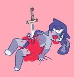 anthro blood bodily_fluids bravobunny corpse crying death fangs full-length_portrait genitals gore lagomorph leporid lying male mammal melee_weapon on_back penis pink_background portrait purple_penis rabbit simple_background solo stab sword tears teeth weapon