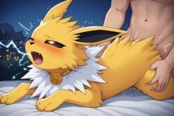 ai_generated bed bedroom_eyes black_sclera blushing choker clenched_teeth ejaculation electricity female female_ejaculation female_penetrated from_behind furry glowing_eyes human jolteon laying_on_stomach male male/female male_penetrating male_penetrating_female night nude nude_female nude_male on_bed one_eye_closed open_mouth orgasm_face penetration penetration_from_behind pleasure_face pokemon pokemon_(species) pussy_juice quadruped rolling_eyes saliva sex sex_from_behind thrusting vaginal_penetration yellow_body yellow_eyes