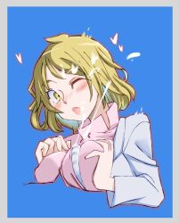 onnaski atlus devil_survivor_(series) devil_survivor_2 megami_tensei yanagiya_otome commentary_request cropped 1girl blonde_hair breasts breasts_squeezed_together coat cropped_torso cum doctor one_eye_closed paizuri smile white_coat yellow_eyes