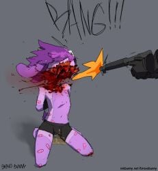 anthro black_briefs black_clothing black_gloves black_handwear black_underwear bodily_fluids bravobunny briefs briefs_only clothed clothing death duo fur genital_fluids gloves gore gun hair handwear hi_res killing kneeling male mammal omorashi peeing purple_body purple_fur purple_hair ranged_weapon severed_body_part severed_head shooting topless underwear underwear_only urine watersports weapon wetting