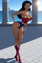 1girl ai_generated bare_shoulders batman_(series) black_hair blue_eyes boots breasts cleavage collarbone dark_skin dc dc_comics dcau diana_prince earrings full_body hand_on_hip hi_res high_heel_boots high_heels high_quality high_resolution jewelry justice_league knee_boots large_breasts leotard lips long_hair looking_at_viewer patreon red_footwear seductive sexy smile solo spicytoonai standing strapless strapless_leotard superhero uncensored watermark wonder_woman wonder_woman_(series)