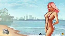 1girls 2017 2d 2d_(artwork) absurd_res absurd_resolution alternate_outfit arms_behind_back bare_shoulders barely_covered_nipples beachside beautiful_woman collarbone crossed_legs_(standing) dyed_hair edited_official_artwork femsub ferris_wheel grand_theft_auto grand_theft_auto_v gtav_cover_girl happy_female high_resolution long_hair long_hair_female los_santos mature_female mature_woman navel necklace nsfwxxx pink_hair pink_hair_female posing_for_the_viewer rockstar_games sling_bikini slingshot_bikini smug_face smug_grin summer watermark
