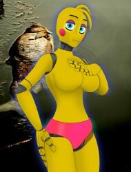 animatronic animatronic_female animatronic_girl bare_chest barely_clothed blurry_background breasts chica_(disembowell) chicken chicken_girl cyan_eyes endoskeleton eyelashes eyeshadow fish five_nights_at_freddy's five_nights_at_freddy's_2 five_nights_in_anime fnaf fnaf_2 fnia hand_on_breast hand_on_hip lips no_nipples panties pink_eyeshadow pink_panties rosy_cheeks solo toy_chica_(disembowell) toy_chica_(fnaf) trabbitwax wires yellow_body yellow_hair