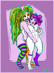 2009 bethany_sellers boogle boogle_(character) breasts choker chubby clown clown_girl clown_makeup clown_paint clowns dreadlocks female female/female female_only finger fingering freckles freckles_on_ass freckles_on_butt freckles_on_shoulders juggalette necklace painted_nails purple_skin smile socks tights watermark white_skin wide_hips yuri