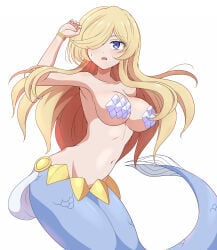 1girls absurd_res asaricurry belt big_breasts bikini blonde_hair blue_background blue_eyes blue_tail blush bracelet breasts female female_only hair_over_one_eye hi_res isekai_maou_to_shoukan_shoujo_no_dorei_majutsu kodansha light_blue_background light_blush light_skin long_hair looking_up merfolk mermaid mermaid_fallen monster_girl navel one_eye_obstructed open_mouth paid_reward_available parted_lips ring shell shell_bikini simple_background solo sweat sweatdrop white_background