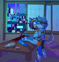 absurd_res anthro blood blue_hair bodily_fluids bottle bravobunny bulge bulge_grab canid canine canis city cityscape clothed clothed_anthro clothed_male clothing container corpse death detailed_background domestic_dog duo eyes_closed eyewear eyewear_on_head fully_clothed fully_clothed_anthro fully_clothed_male furniture goggles goggles_on_head gore hair hi_res inside jacket katana making_out male male/male mammal melee_weapon necrophilia squeezing_bulge sword table tail topwear weapon window