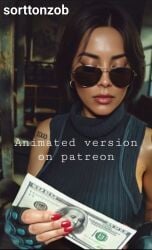 1boy 1girls ai_generated baddie big_breasts black_hair bribery call_of_duty cash curvy dominant_female fully_clothed glasses latina money public sorttonzob tank_top valeria_garza