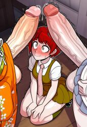 danganronpa ai_generated danganronpa_2:_goodbye_despair saionji_hiyoko koizumi_mahiru tsumiki_mikan imminent_sex 2futas 1girls futanari faceless_futa huge_cock big_penis clothing tagme female