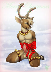 anthro balls bell_collar bondage bow_tie brown_eyes buck cervine christmas collar deer erection furry furry_only hair holidays hooves horns looking_at_viewer male male_only muscles orange04 penis reindeer short_hair sitting snow solo tied winter