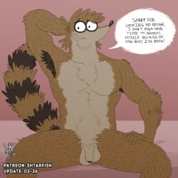 anthro armpit_hair balls beard body_hair cartoon_network chest_tuft dialogue don_(regular_show) english_text facial_hair flaccid fluffy fluffy_tail foreskin genitals hair hand_behind_head hand_on_leg hand_on_thigh head_tuft looking_at_viewer male mammal messy_fur messy_hair mullet mustache navel nervous nervous_smile nude penis procyonid raccoon raised_tail regular_show shtarfish sitting solo speech_bubble spread_legs spreading stubble tail talking_to_viewer text tuft