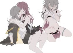 2girls arms_around_neck bite_mark_on_hip black_dress black_jacket black_panties black_skirt closed_eyes closed_mouth clothing_aside commentary dress fingering gloves grey_hair hand_on_another's_waist hand_on_own_face highres honkai:_star_rail honkai_(series) jacket jewelry kafka_(honkai:_star_rail) lipstick_mark lipstick_mark_on_face lipstick_mark_on_leg lipstick_mark_on_pussy long_hair multiple_girls necklace panties panties_aside purple_gloves purple_hair pussy_juice shirt simple_background skirt stelle_(honkai:_star_rail) sweat thigh_strap trailblazer_(honkai:_star_rail) underwear white_background white_shirt yellow_eyes yunzhongxing yuri