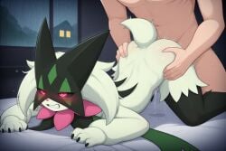 ai_generated anthro anthro_on_human artist_request ass_up athletic_female bedroom black_sclera blushing clenched_teeth female female_penetrated from_behind furry glowing_eyes green_body hands_on_ass hmofa human human_on_anthro human_penetrating light-skinned_male male male/female male_penetrating male_penetrating_female meowscarada night on_bed penetration penetration_from_behind pink_eyes pleasure_face pokemon pokemon_(species) pussy_juice quadruped raining rolling_eyes sex sex_from_behind thrusting vaginal_penetration