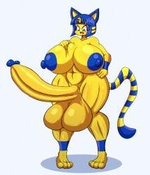abs absurd_res aladeen animal_crossing ankha ankha_(animal_crossing) anthro areola balls big_balls big_breasts big_penis black_eyes blue_areola blue_ears blue_hair blue_nipples blue_tail breasts domestic_cat erection eyebrows eyelashes felid feline felis fur genitals gynomorph hair hi_res huge_balls huge_breasts huge_penis humanoid_genitalia humanoid_penis hyper hyper_balls hyper_genitalia hyper_penis intersex long_tail mammal markings nintendo nipples nude penis pink_tongue short_hair solo striped_markings striped_tail stripes tail tail_markings thick_thighs tongue two_tone_tail uraeus yellow_body yellow_fur yellow_inner_ear yellow_tail