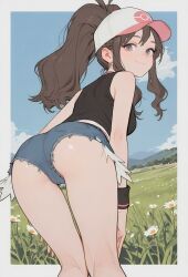 ai_generated asking_for_it ass_focus audio bent_forward blue_eyes brown_hair dialogue fully_clothed grok_imagine hat hilda_(pokemon) jean_shorts looking_at_viewer looking_back no_nudity no_sex outdoors pokemon_bw spreading tagme video