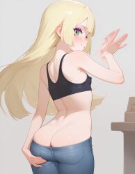 ai_generated bare_ass blonde_female blue_jeans crop_top flat_chest focus_on_ass green_eyes heavenly_ass heavenly_body lillie_(pokemon) long_hair loose_hair no_panties petite_female pokemon slutty_female small_ass tempting_viewer white_skin young_female